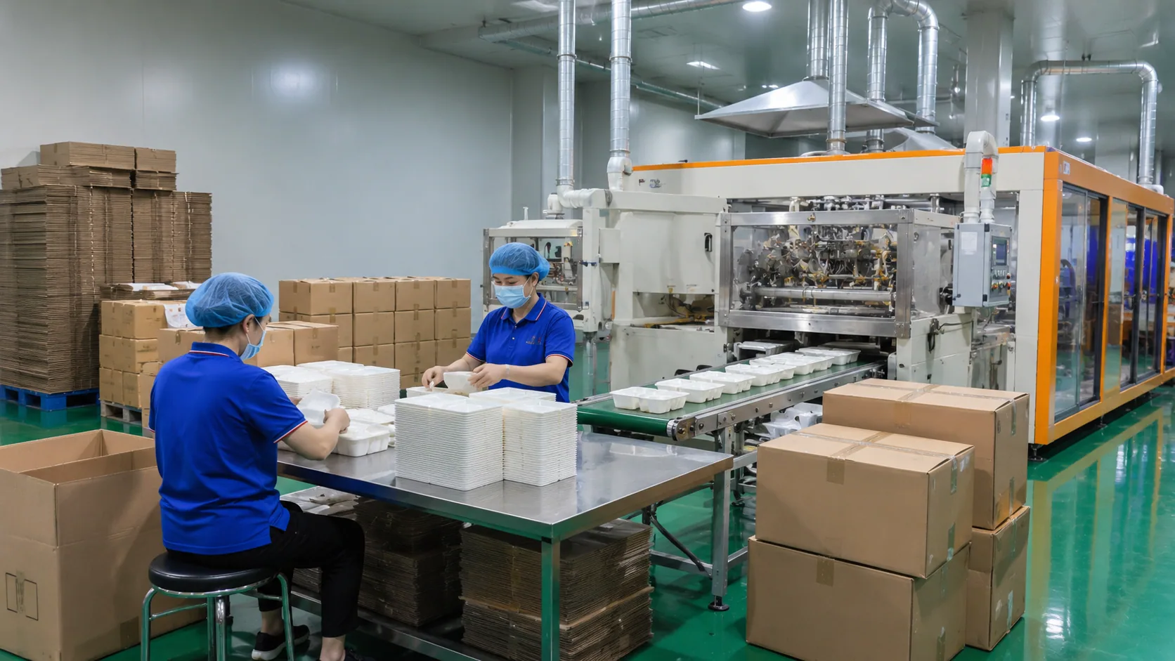 Workers packing finished food containers beside production line