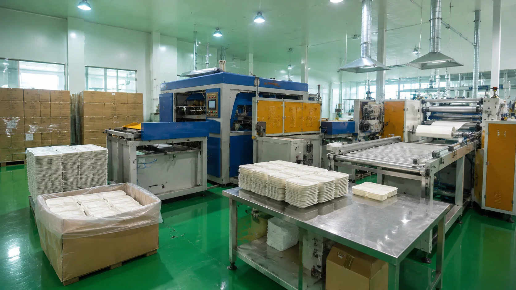 Production line with stacks of food containers