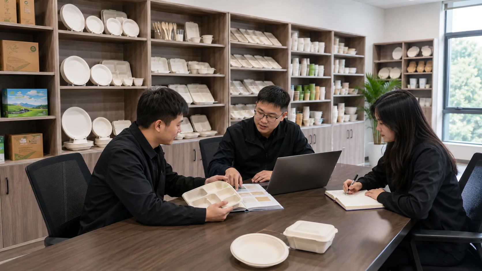 Team reviewing compostable tableware samples