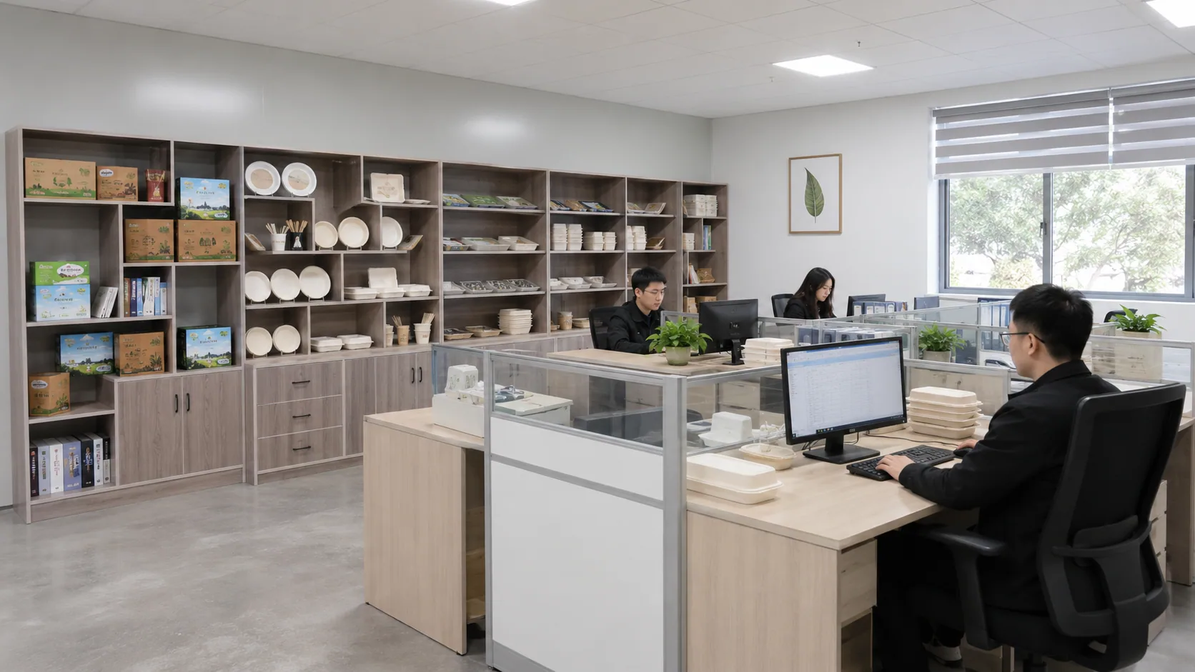Office workspace with product display shelves