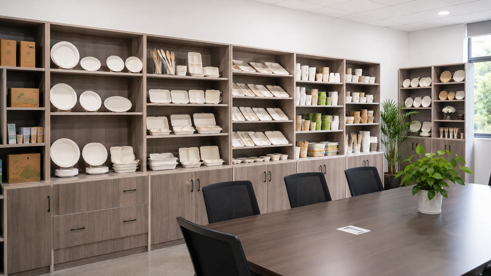 Showroom conference room with product display shelves
