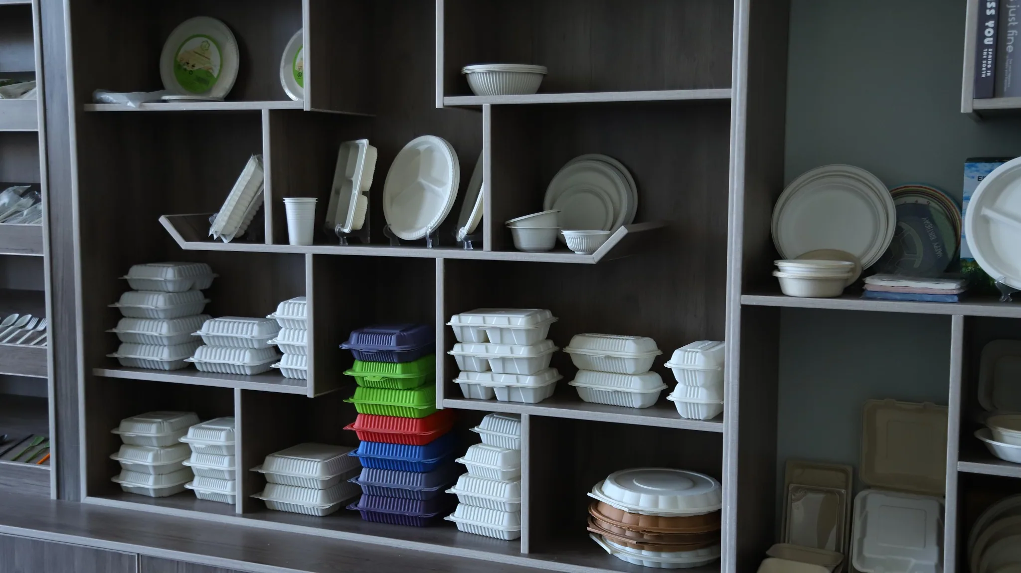 Showroom shelves with assorted disposable food containers