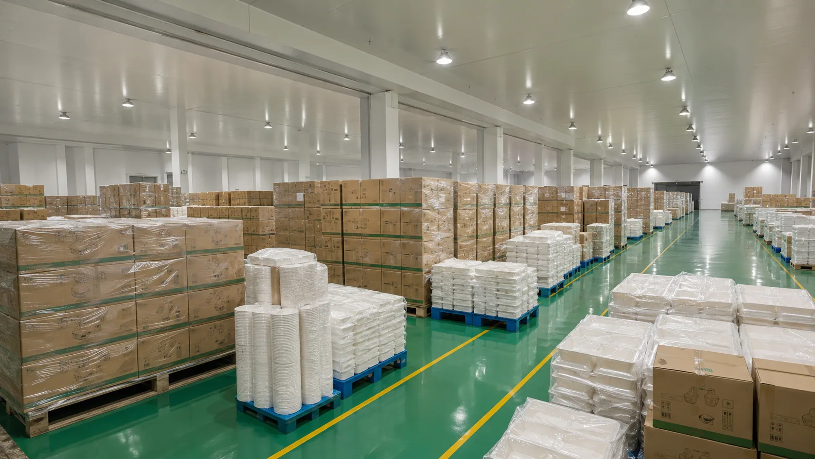 Warehouse inventory with cartons and packed tableware