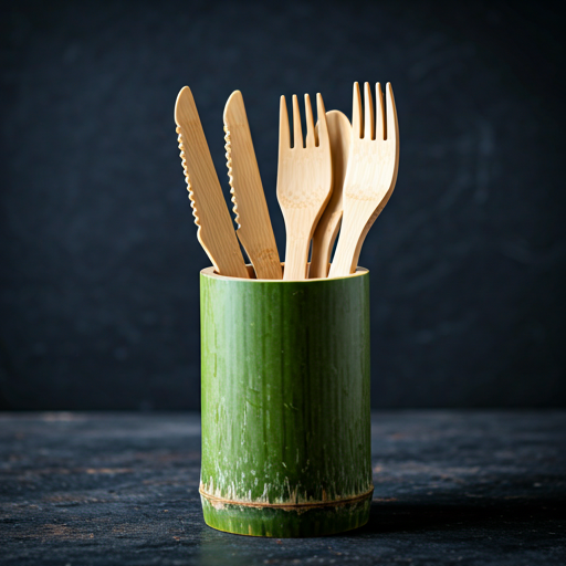 Set of bamboo knives and forks standing upright in a bamboo cup
