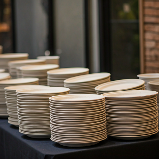 Large scale professional buffet setup with compostable plates