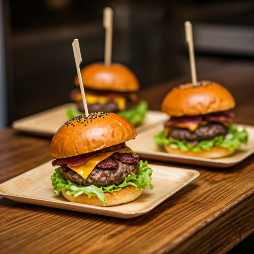 Artisanal food truck serving gourmet burgers on square wooden plates