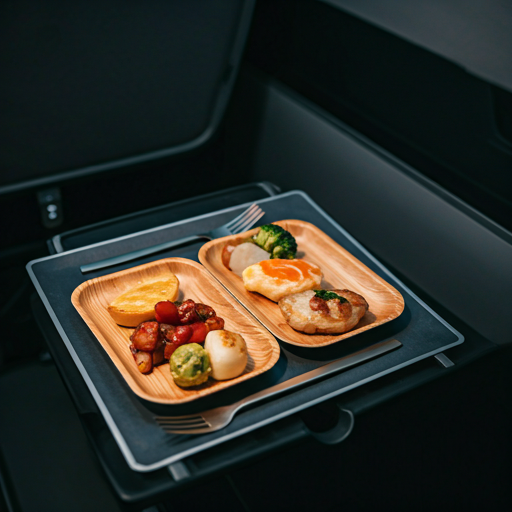 Business class airline cabin meal on sustainable disposable wooden plates