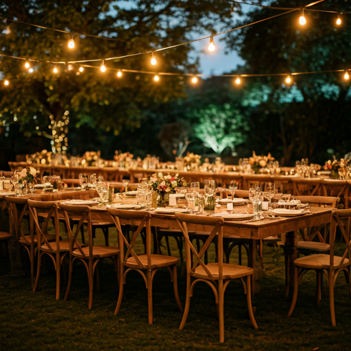 Elegant outdoor wedding reception with sustainable bamboo place settings
