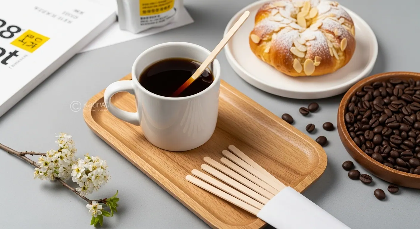 Custom wooden coffee stirrers prepared for branded beverage service