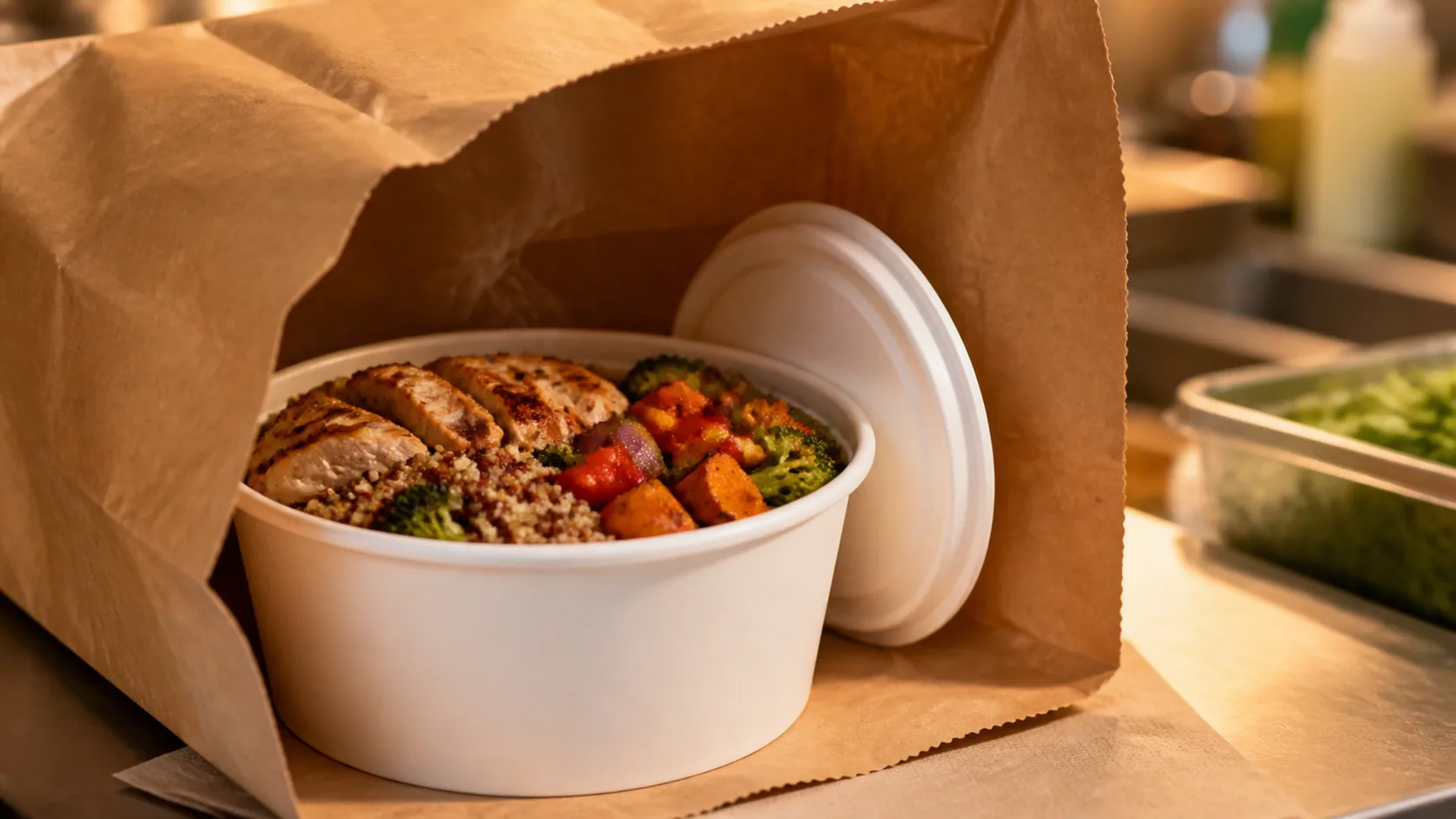 White paper salad bowl with PP lid for warm grain bowl delivery