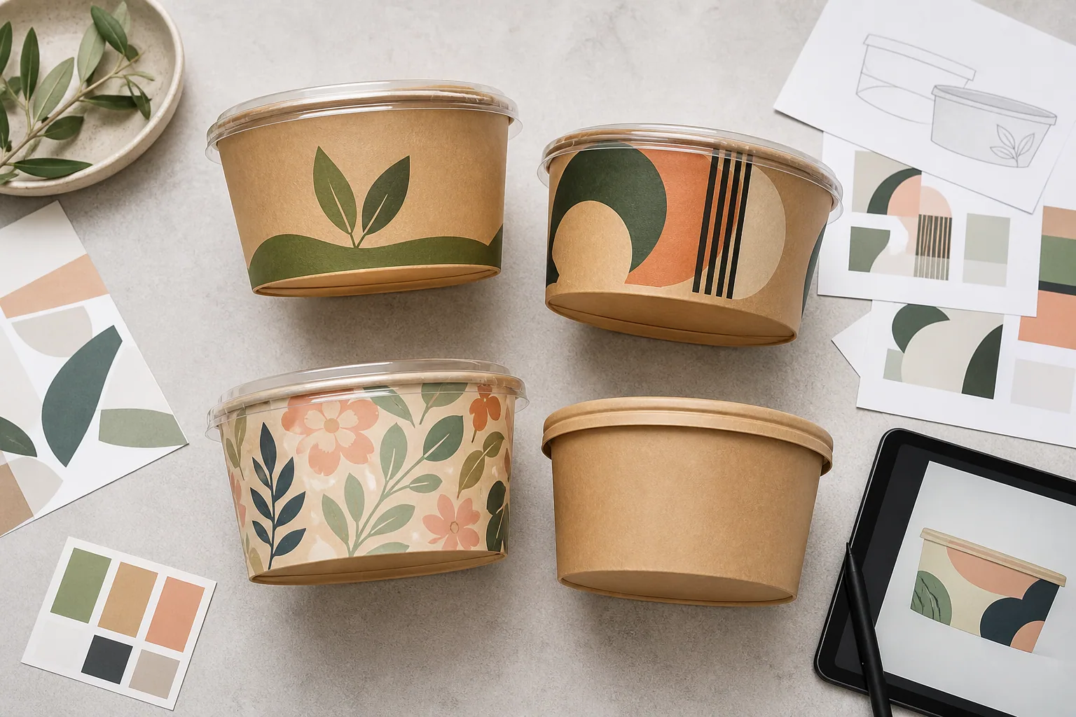Custom printed kraft paper salad bowls with artwork sheets and color swatches