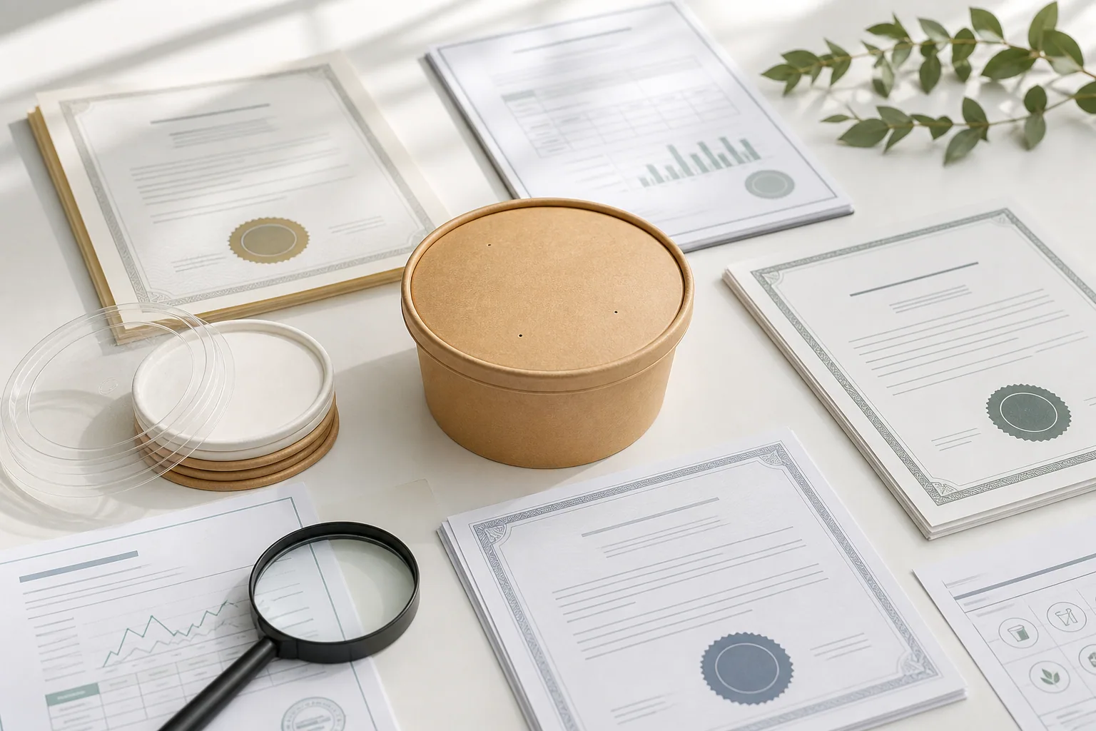 Paper salad bowl with lid and generic quality documents for buyer review
