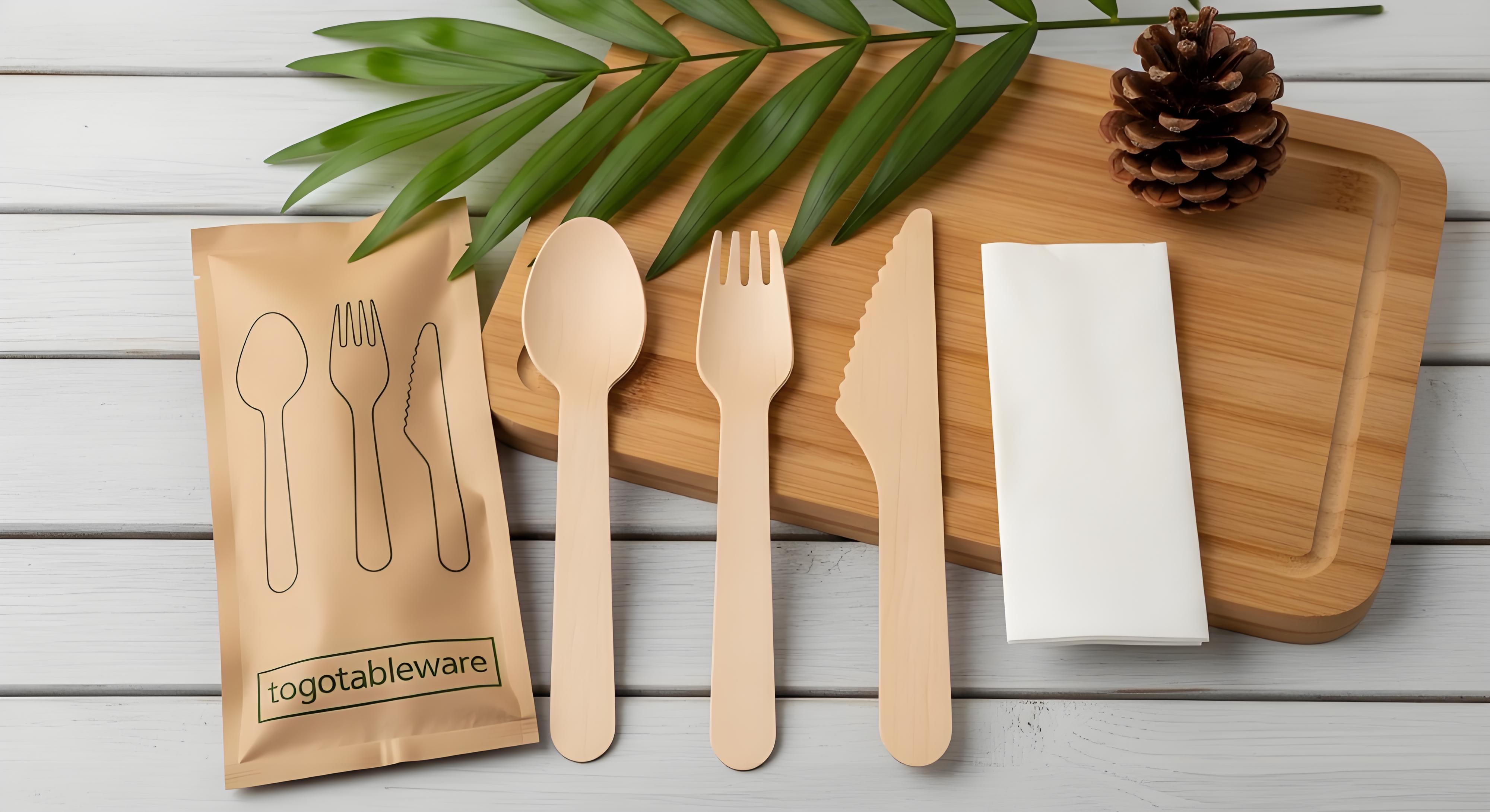 Disposable Wooden Cutlery 4 In 1 Kit (Knife+Spoon+Fork+Napkin)
