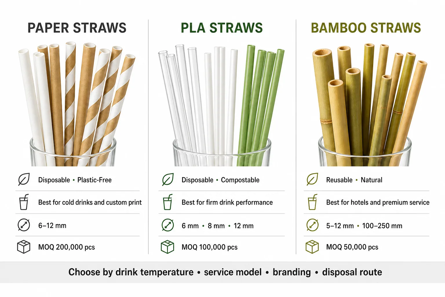 Paper, PLA and natural bamboo straw comparison
