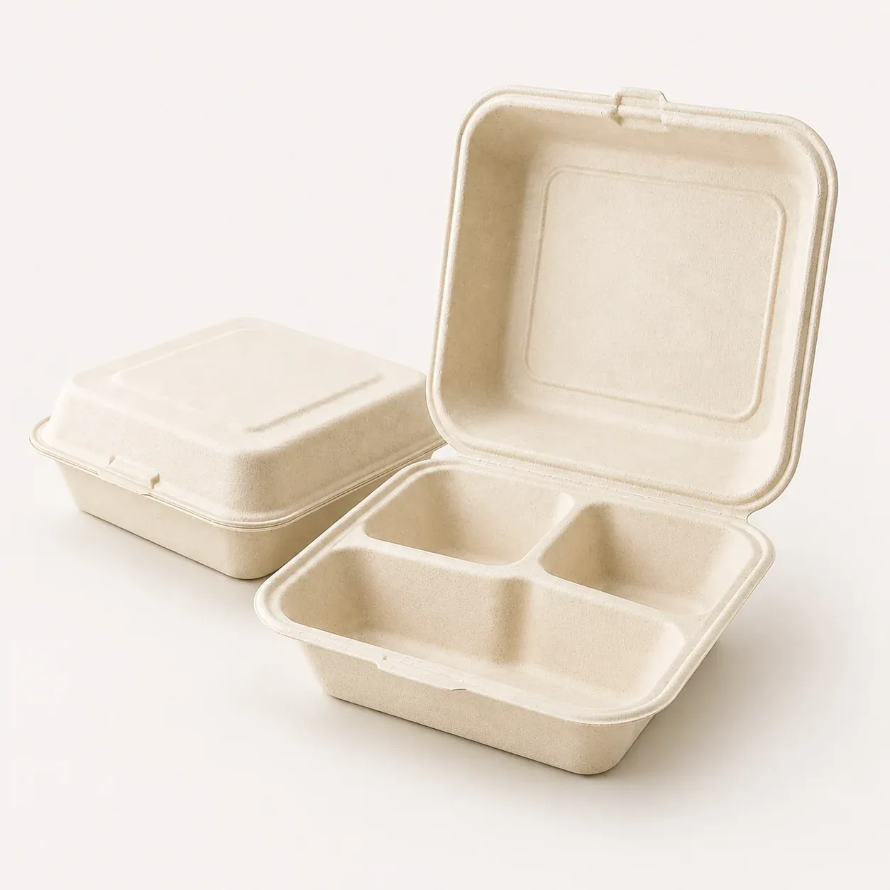 8 in × 8 in PFAS-Free Compostable Bagasse Clamshell – 3 Compartments