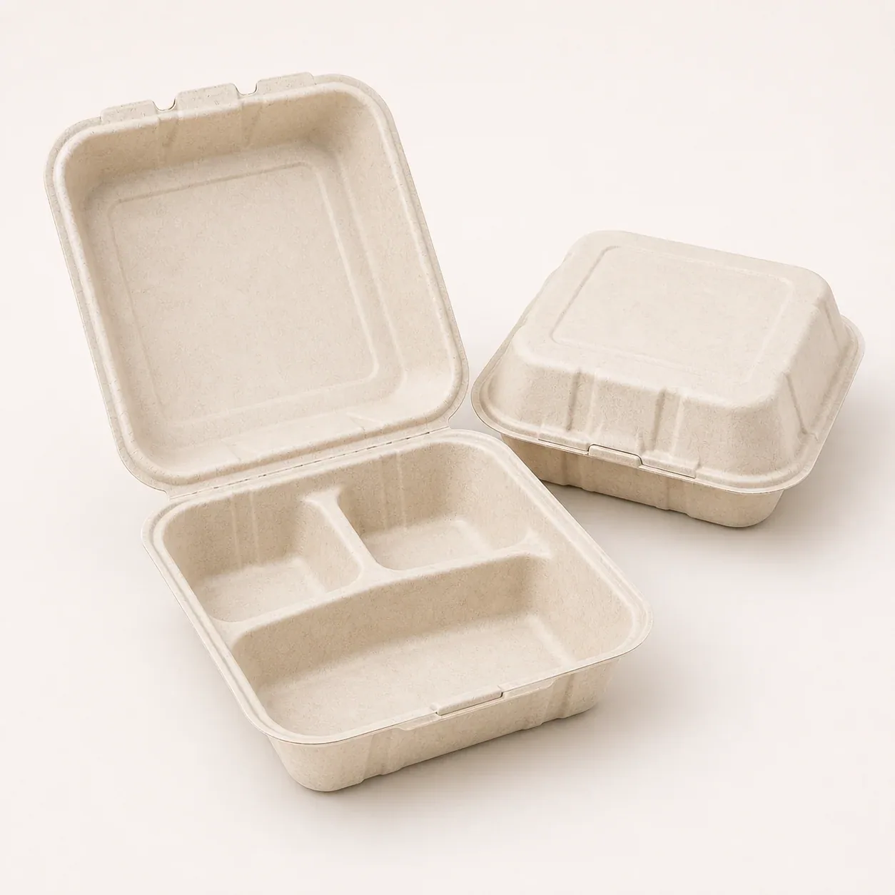 9 in × 9 in PFAS-Free Compostable Bagasse Clamshell – 3 Compartments
