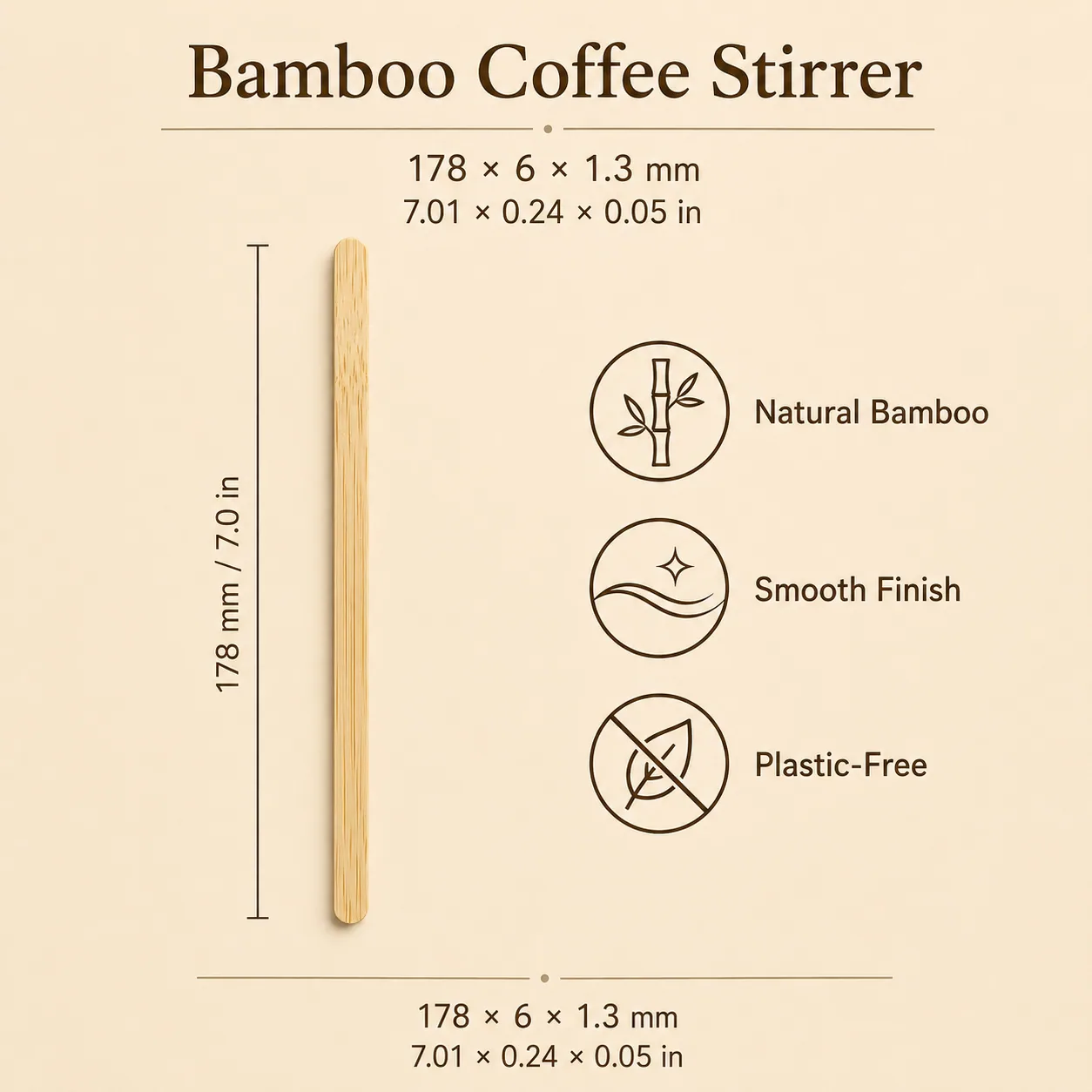 Kaffeerührstäbchen aus Bambus, 178 × 6 × 1,3 mm, robust
