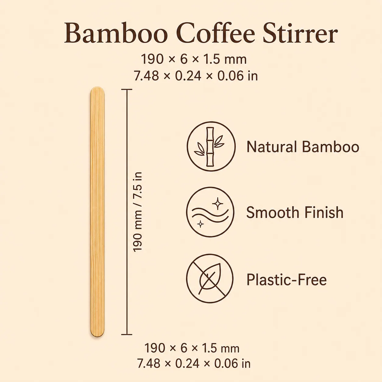 Bamboo Coffee Stirrer 190 × 6 × 1.5 mm Heavy Duty