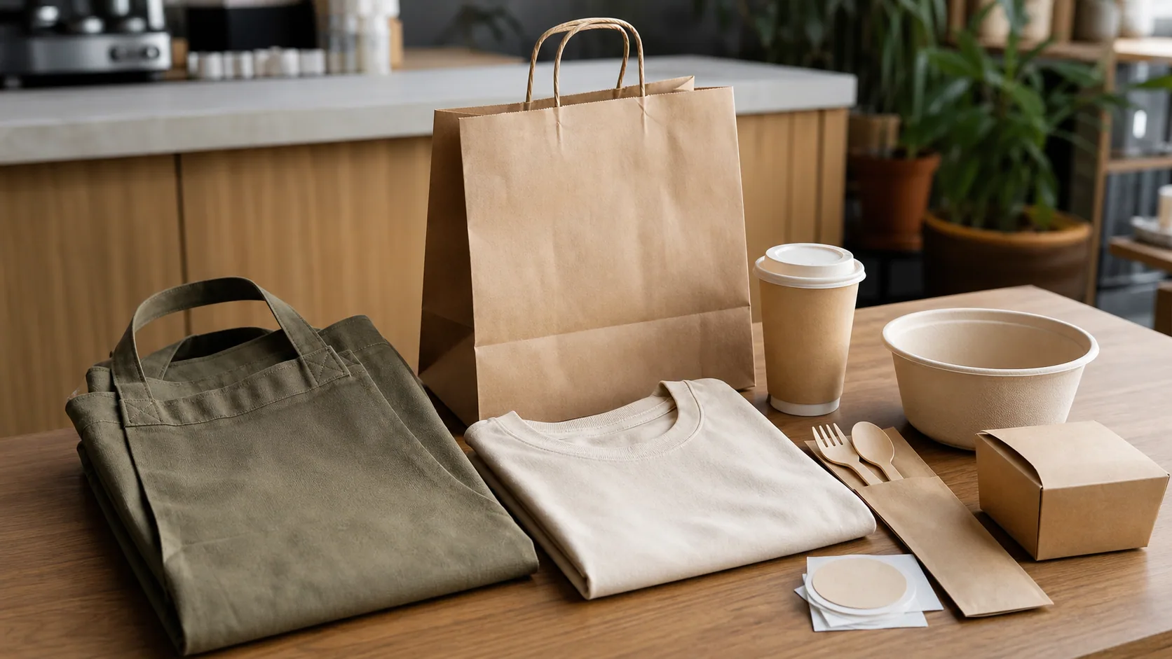 Cafe staff apparel and small batch merchandise arranged with foodservice packaging launch materials