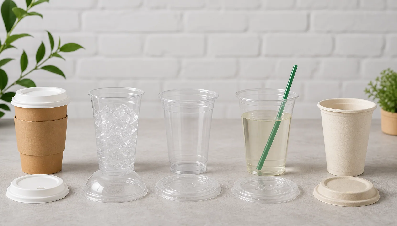 types of disposable cups comparing paper cups PLA PP PET and bagasse cups