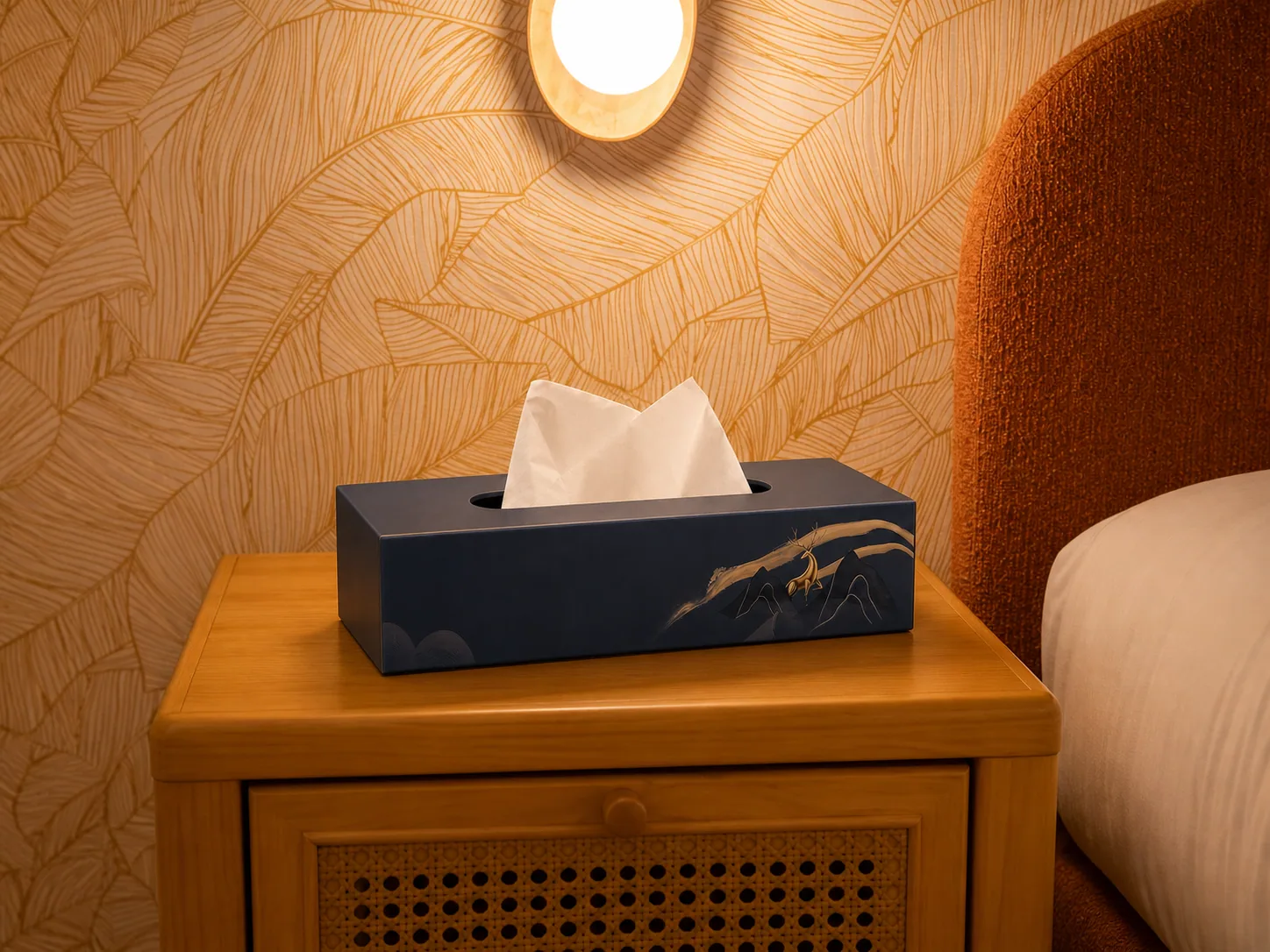 Custom printed facial tissue box on a hotel guestroom nightstand