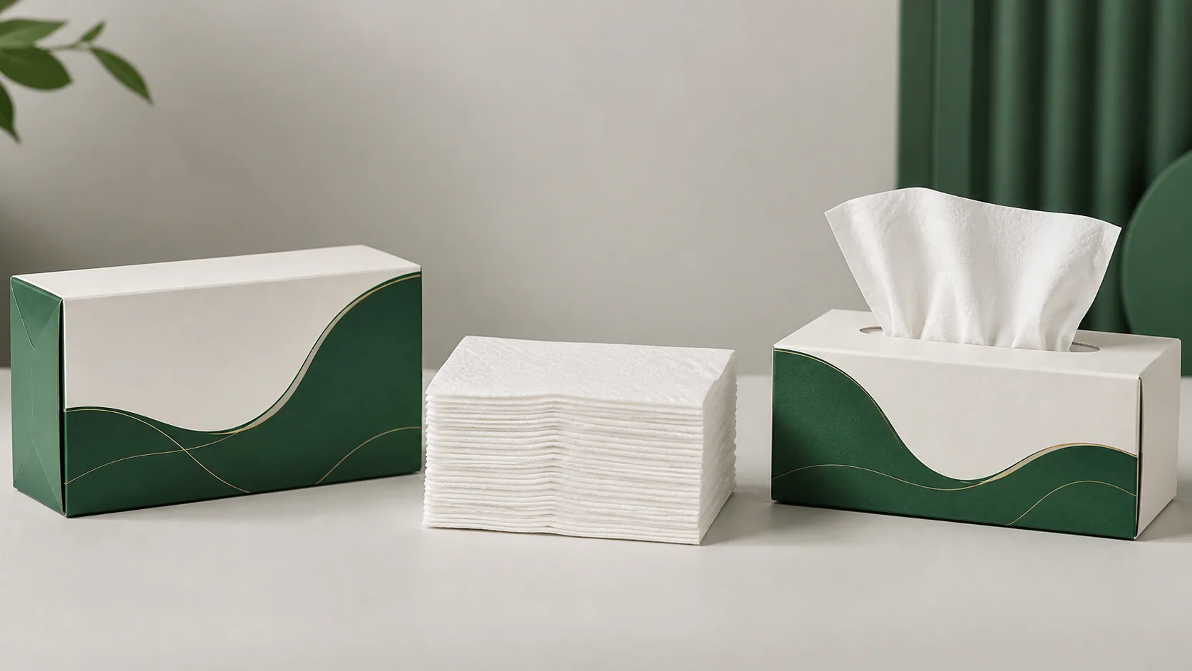 Custom printed paperboard tissue box supplied with facial tissue and shown as a finished filled pack