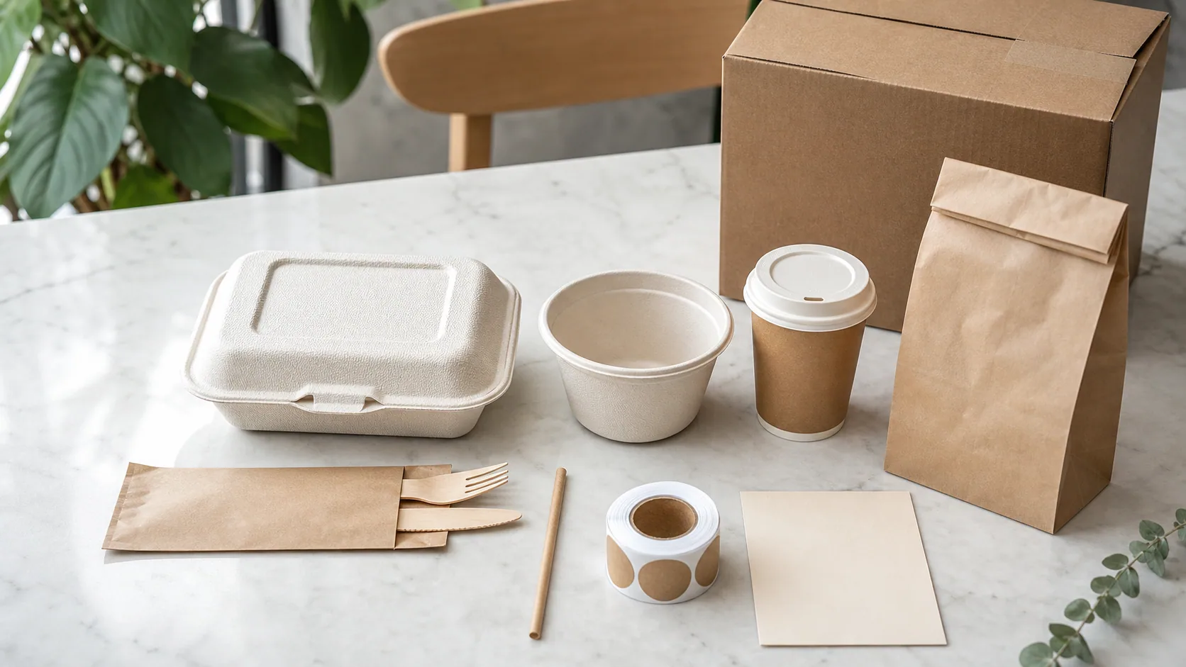 Cafe launch packaging sample set with bagasse containers paper food containers wooden cutlery and carton planning