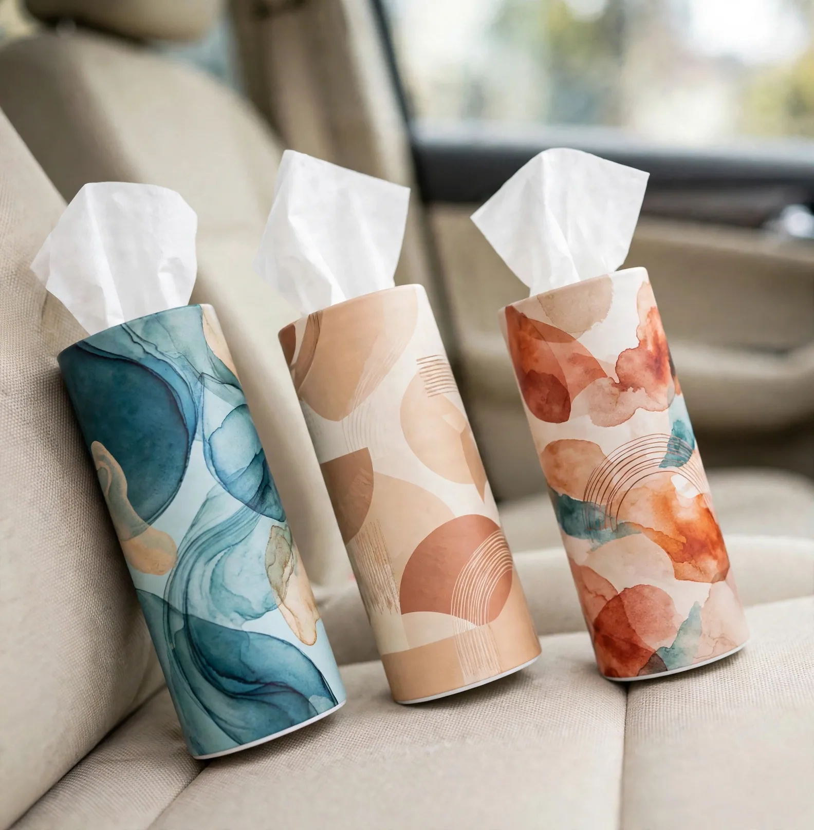 Cylinder car tissue canisters with full-surface custom print