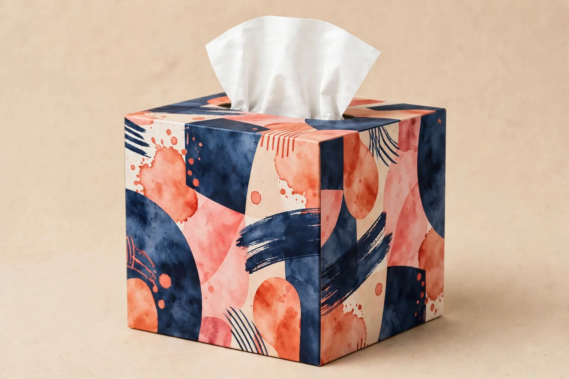 Cube-shaped custom printed tissue box with geometric pattern
