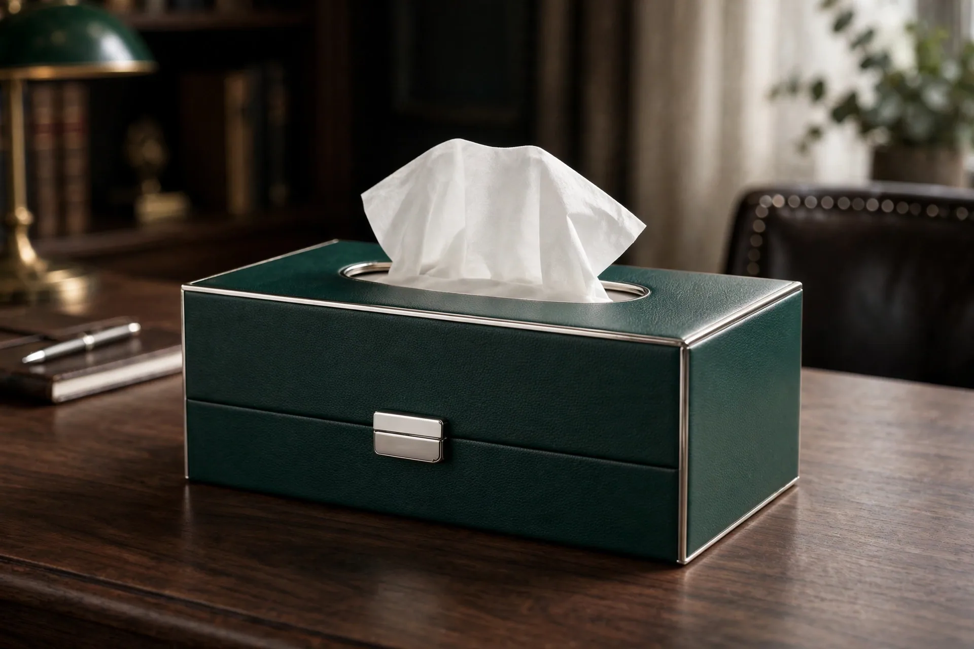 Luxury rigid custom tissue box with gold trim in a hotel suite