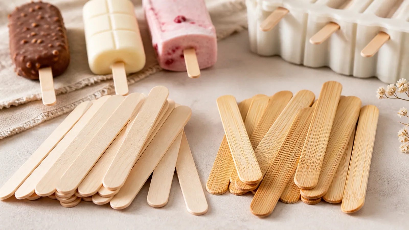 bamboo popsicle sticks and wooden popsicle sticks comparison for bulk dessert programs