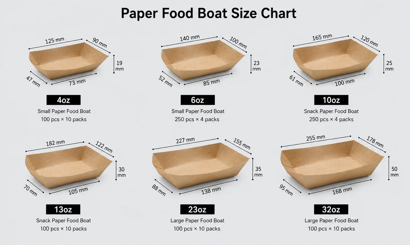 Available Sizes for Paper Food Boat Tray