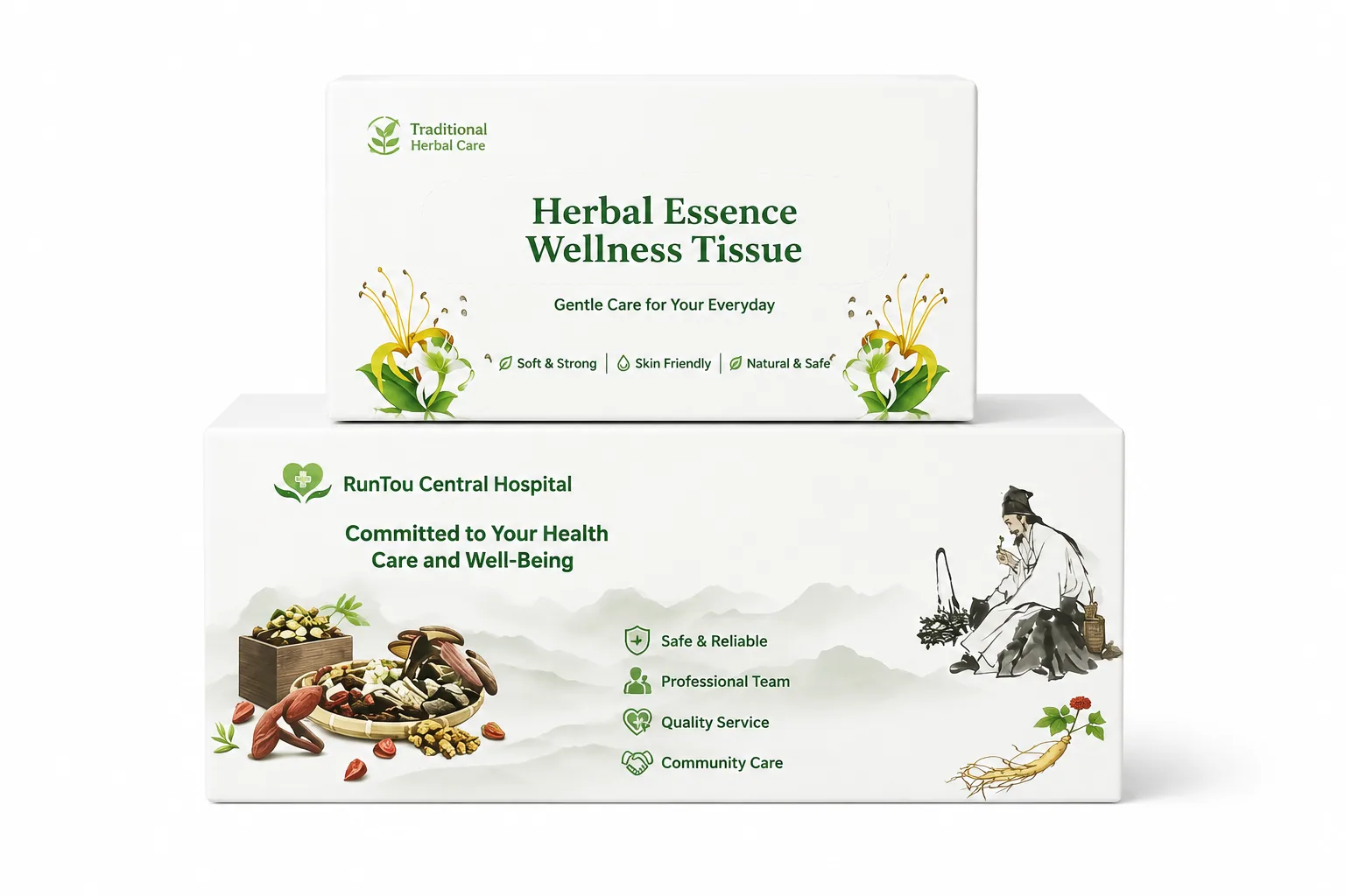 Custom printed facial tissue boxes for healthcare and herbal care programs