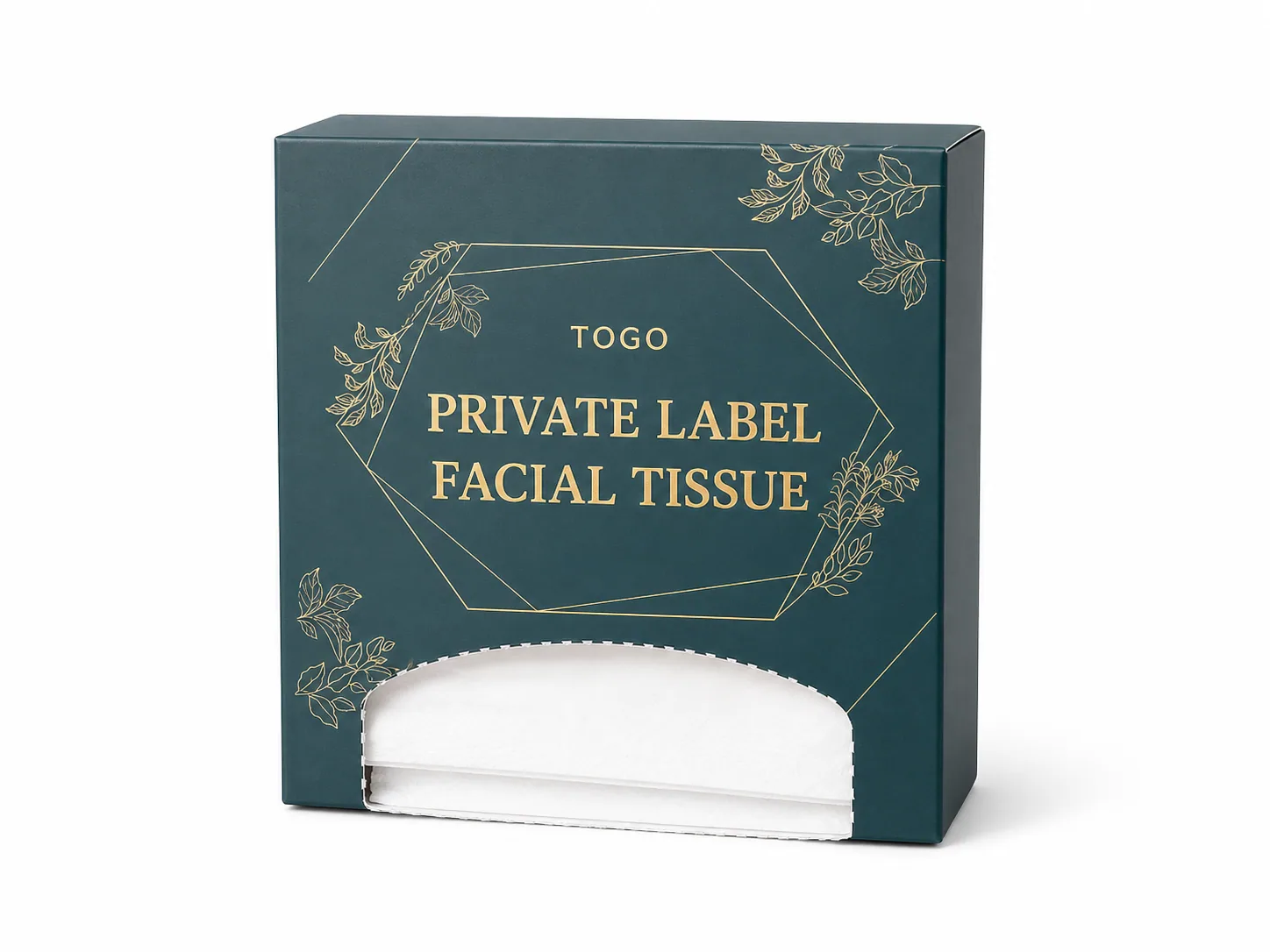 Side-opening private-label facial tissue box on a white background