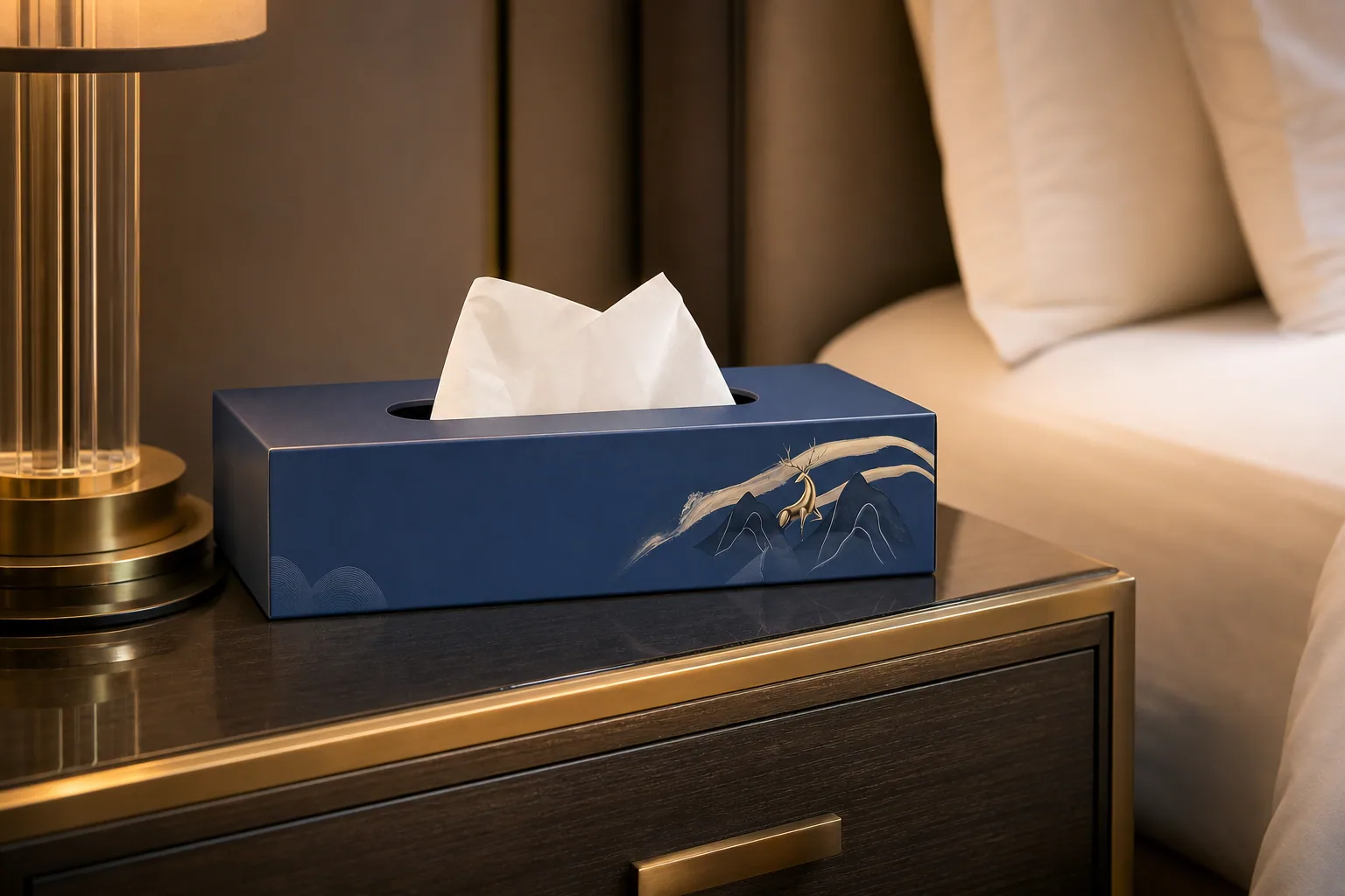 Custom printed tissue box for hotel guestroom presentation