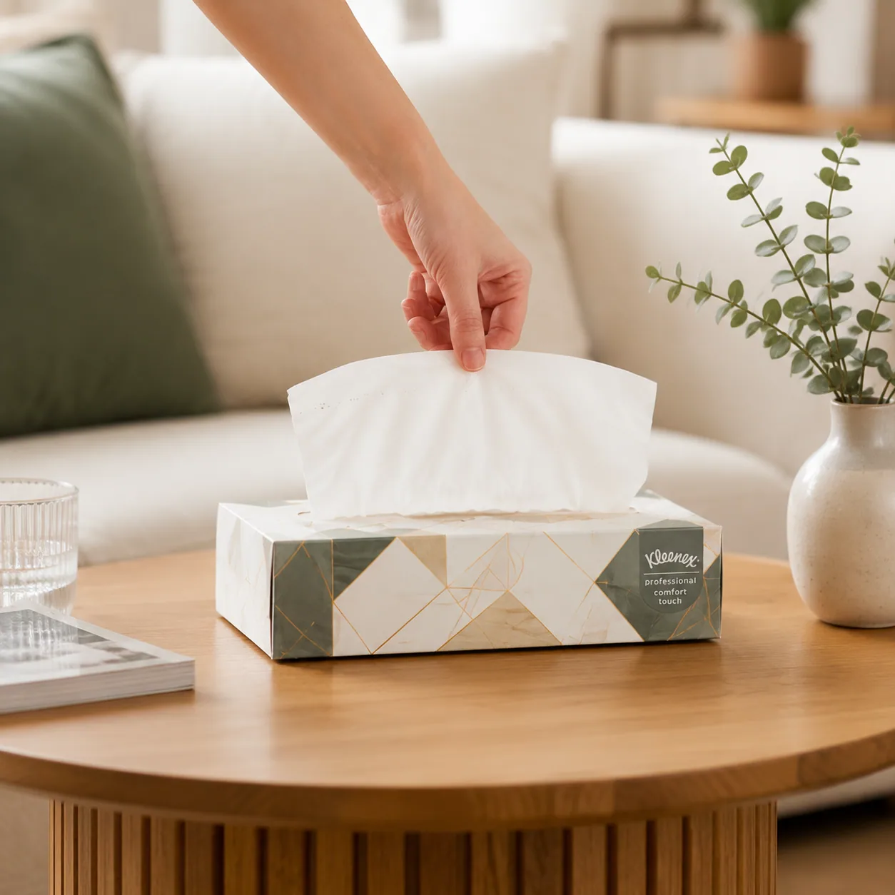 Facial tissue being pulled from a printed tissue box in a home setting