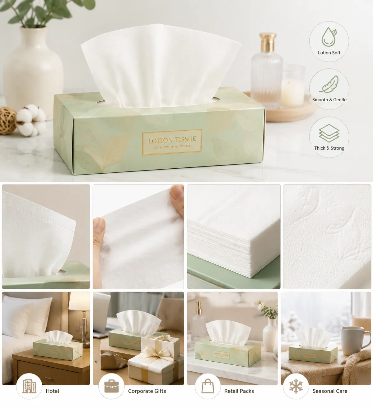 Lotion facial tissue box in a premium hotel guestroom