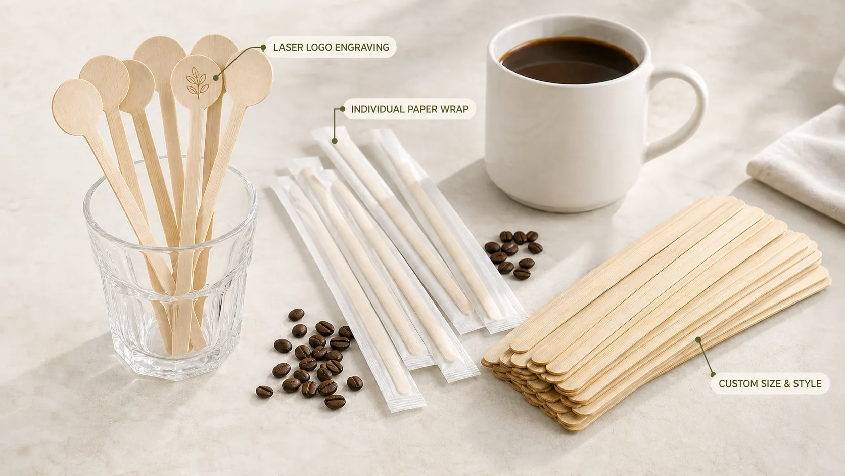 Customization options for bamboo coffee stirrers