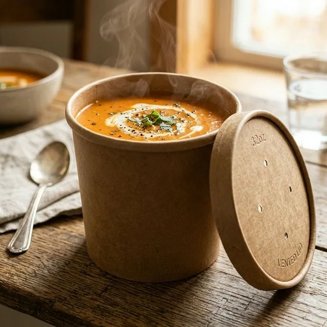 TOGO kraft soup container with vented lid for 700 ml soup and sauce testing