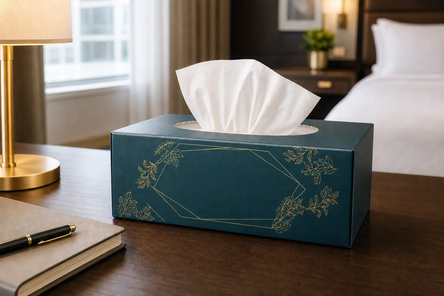Top-opening custom tissue box with facial tissue on a hotel room desk