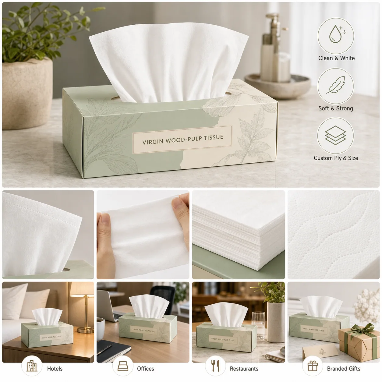 Virgin wood-pulp tissue option for private-label tissue box programs